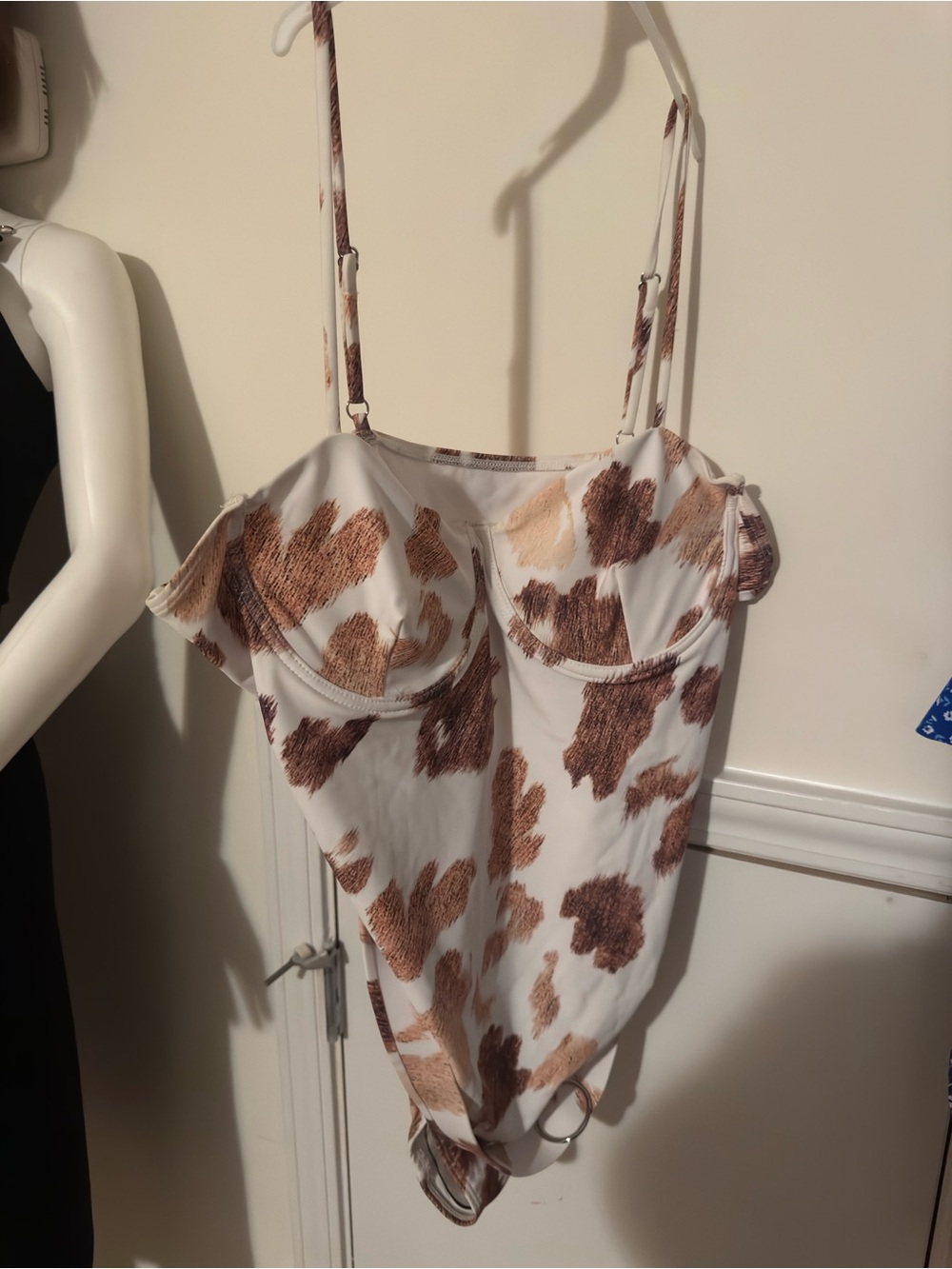 SHEIN White One-Piece Swimsuit with Brown and white cowhide like print